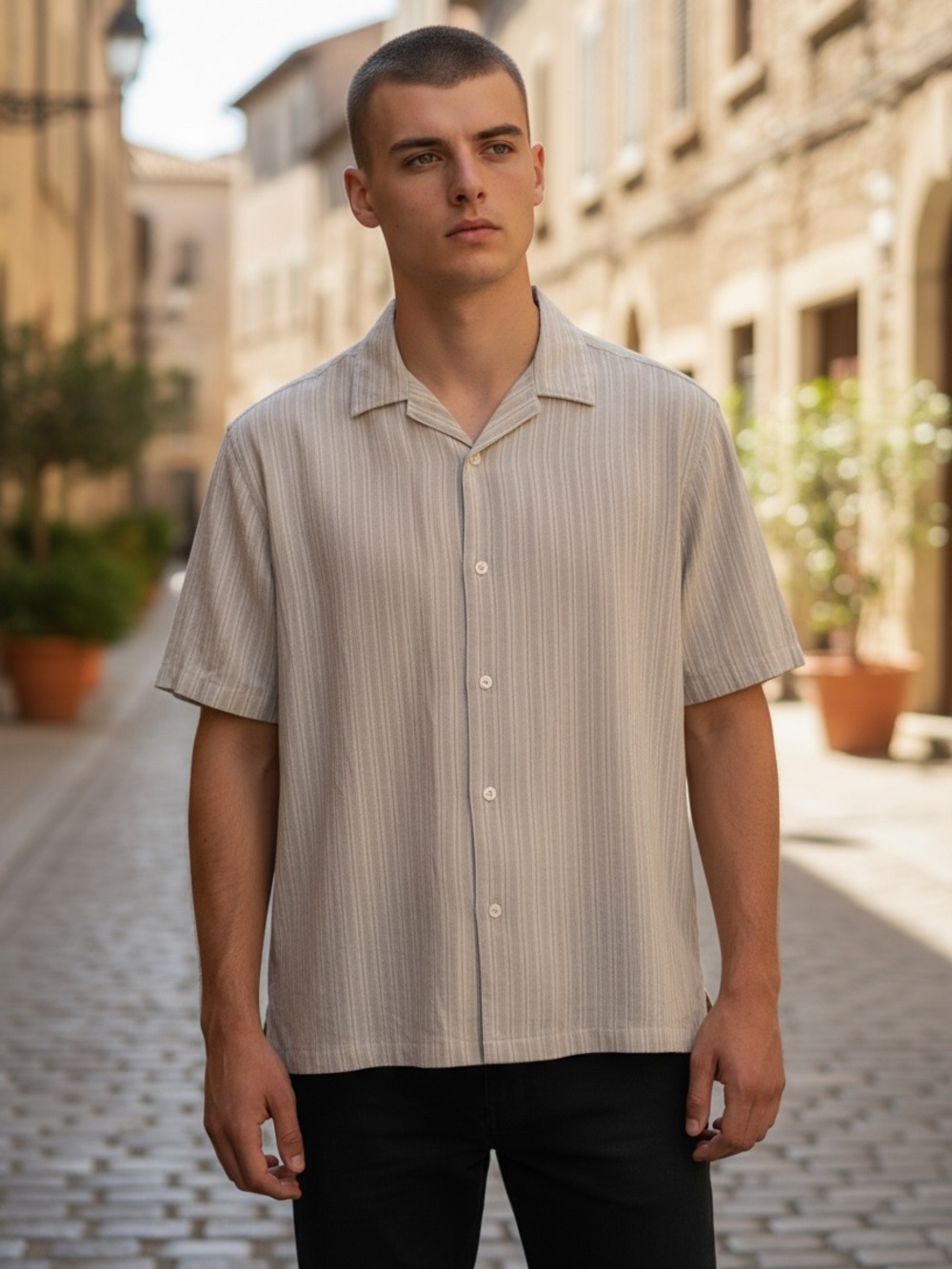 Free Planet Men's Short-Sleeve Button-Down in Light Beige Stripe